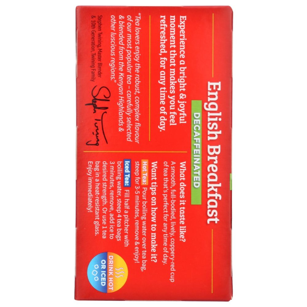 TWININGS OF LONDON: Classics English Breakfast Tea Naturally Decaffeinated, 20 Tea Bags, 1.41 oz