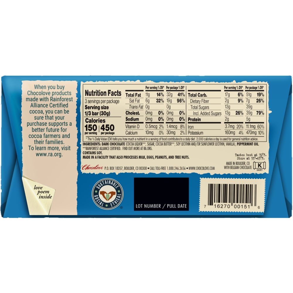 CHOCOLOVE: Peppermint In Dark Chocolate Bar, 3.2 oz