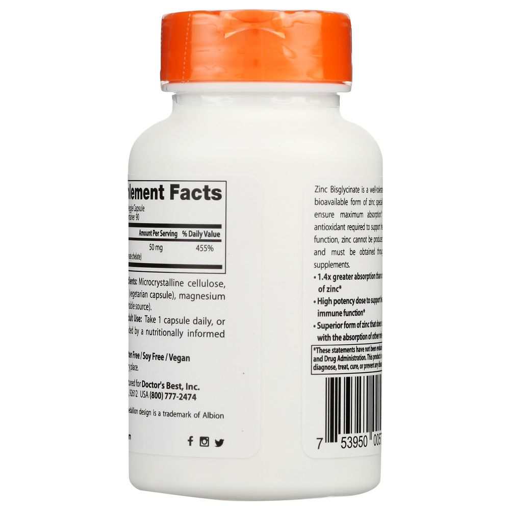 DOCTORS BEST: High Absorption Zinc Bisglycinate 50Mg, 90 vc
