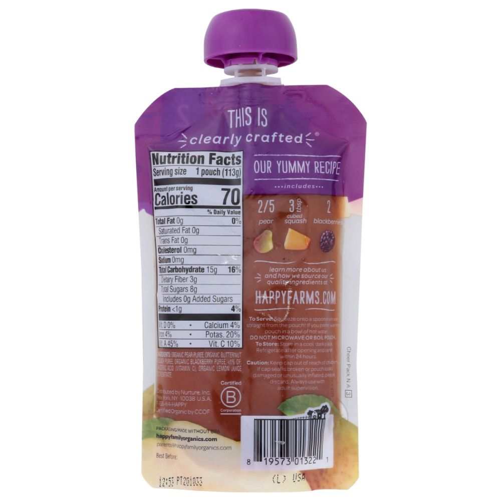 HAPPY BABY S2 Pear Squash Blackberry Organic - Delicious Baby Food 4oz