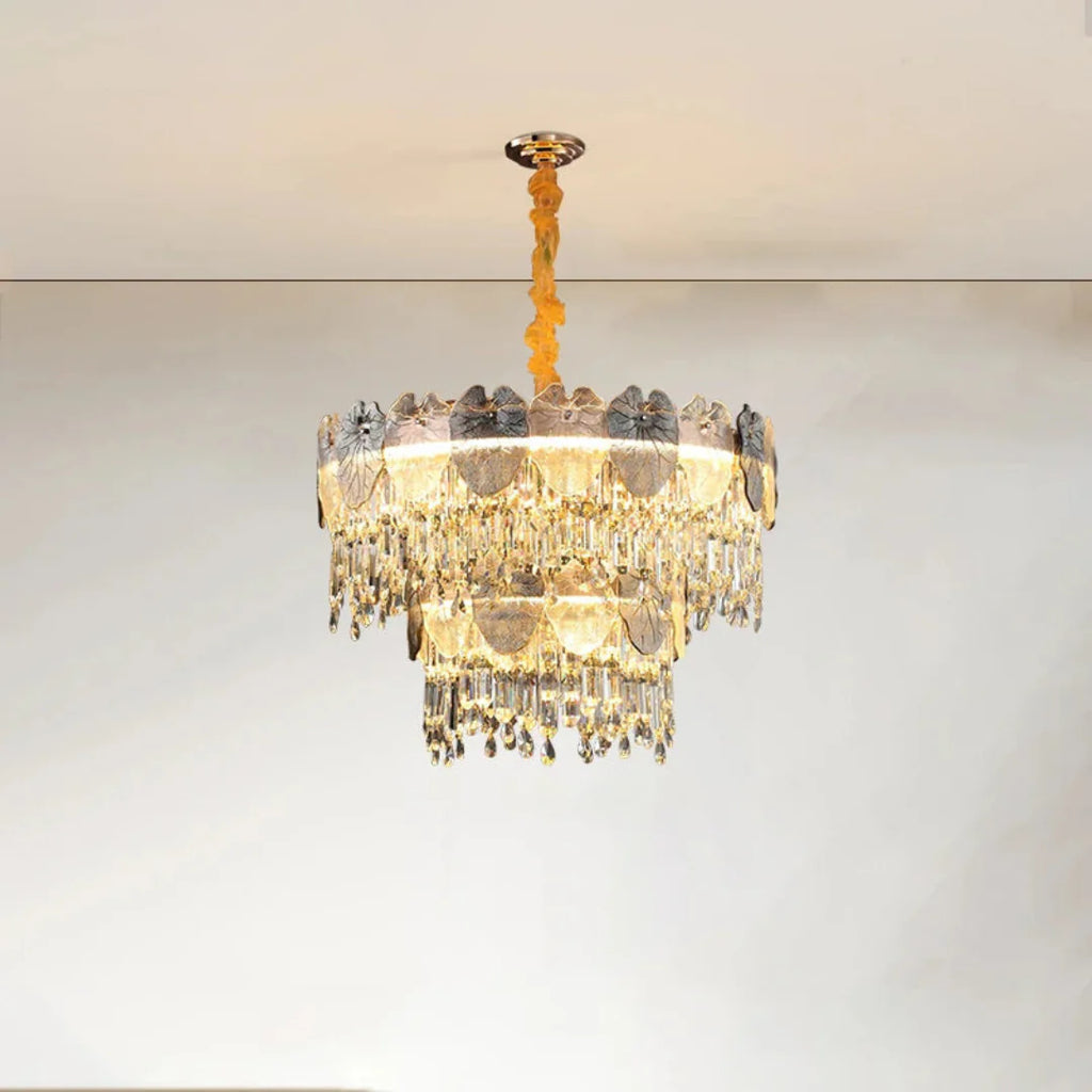 Golden Lotus Leaf Round Crystal Chandelier