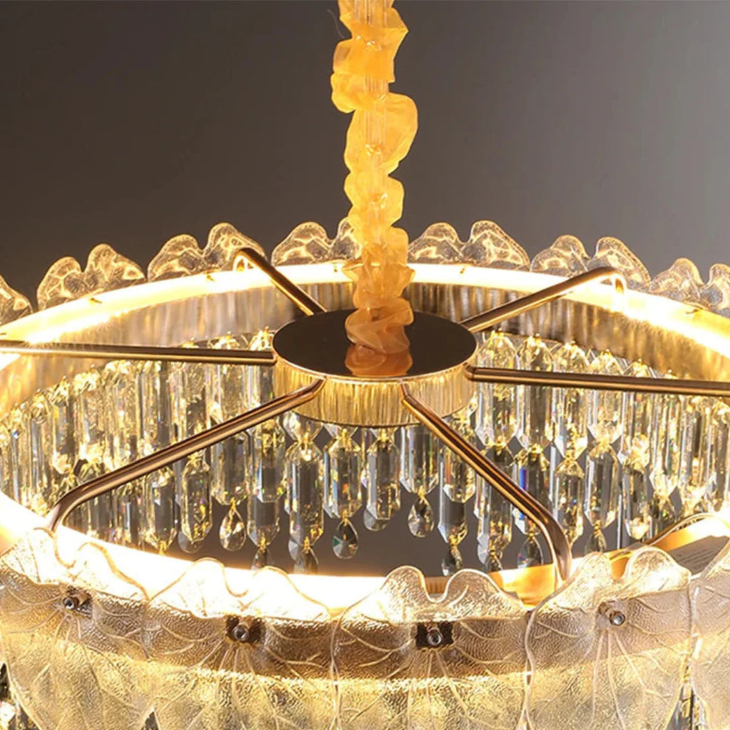 Golden Lotus Leaf Round Crystal Chandelier