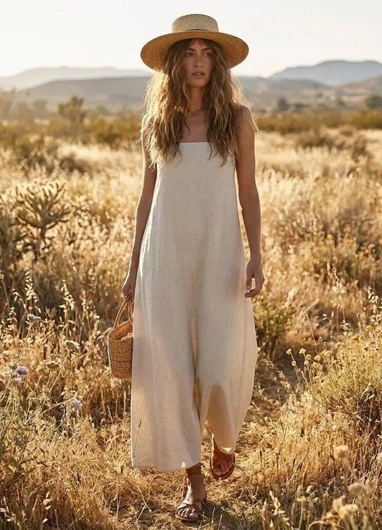Hemp Smocked Back Tube Dress Beige
