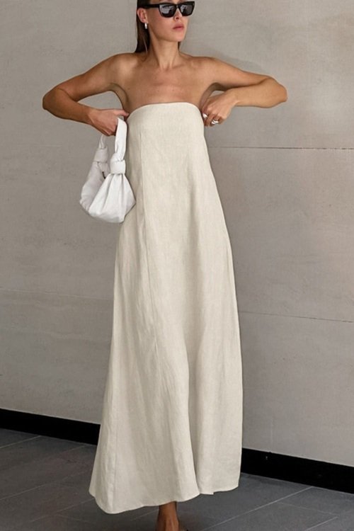 Hemp Smocked Back Tube Dress Beige