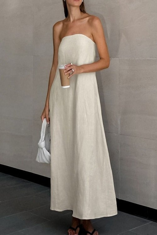 Hemp Smocked Back Tube Dress Beige