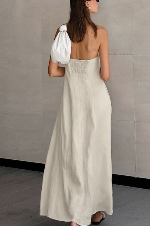 Hemp Smocked Back Tube Dress Beige