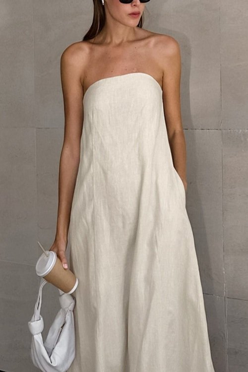 Hemp Smocked Back Tube Dress Beige