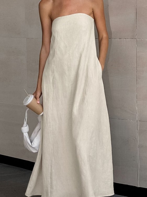Hemp Smocked Back Tube Dress Beige