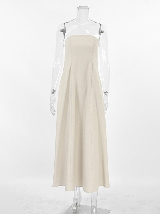 Hemp Smocked Back Tube Dress Beige