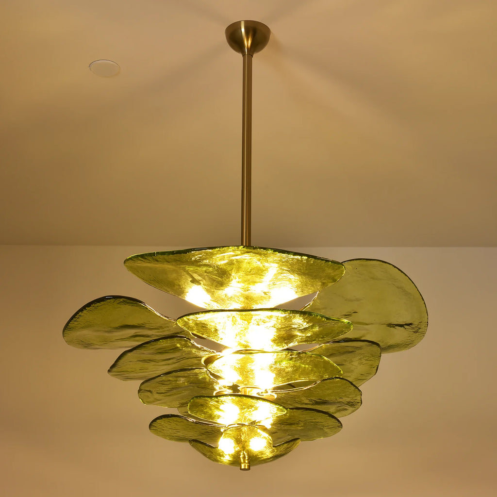 Leaf Shaped Green Textured Glass Chandelier