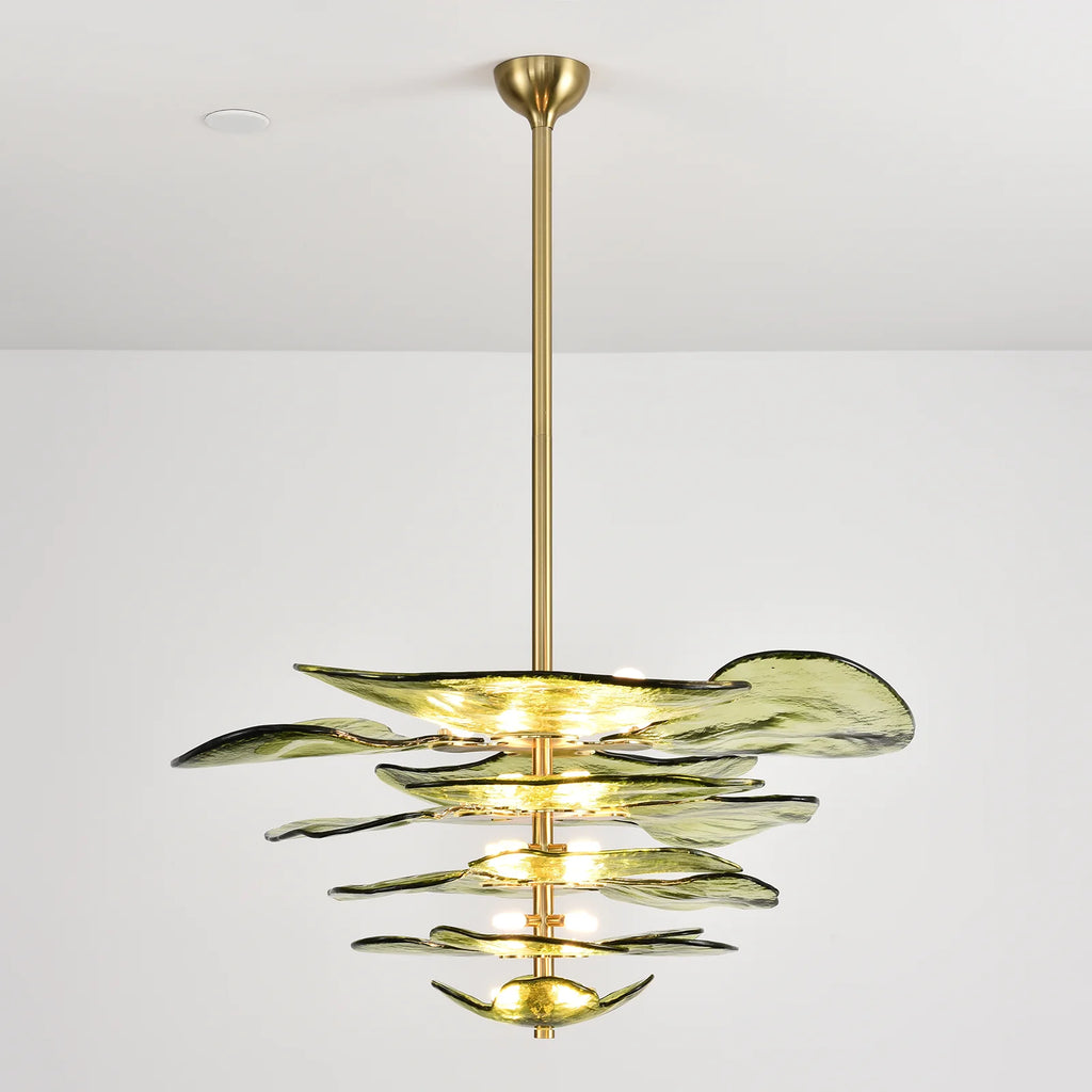 Leaf Shaped Green Textured Glass Chandelier