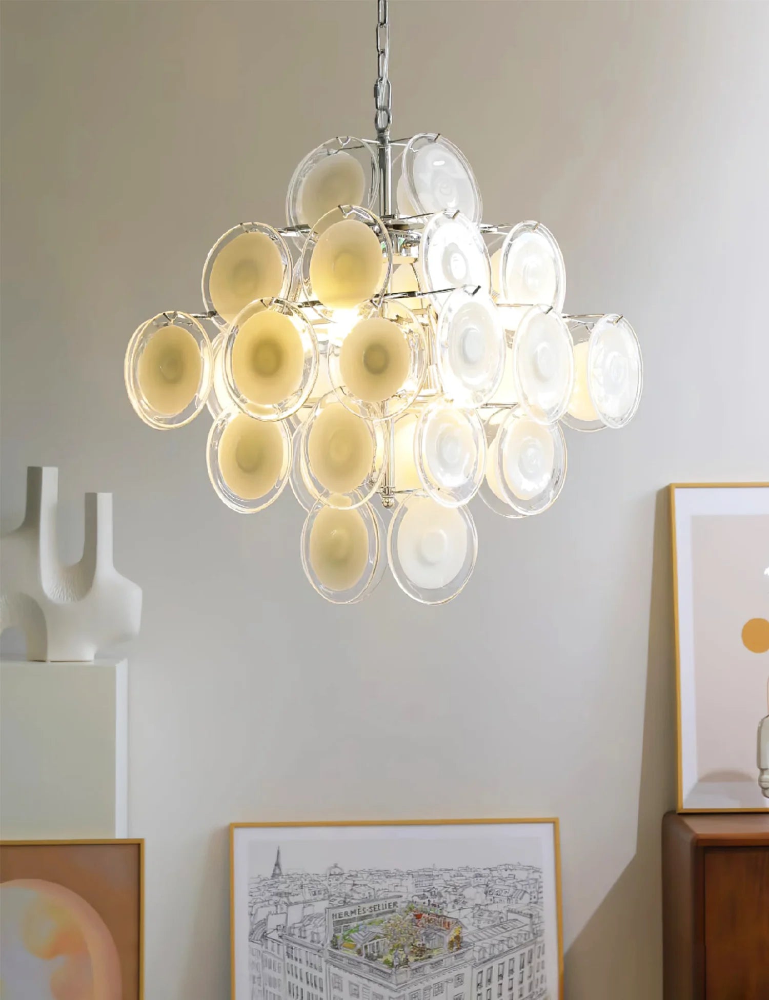 Round White Transparent Glass Disc Chandelier