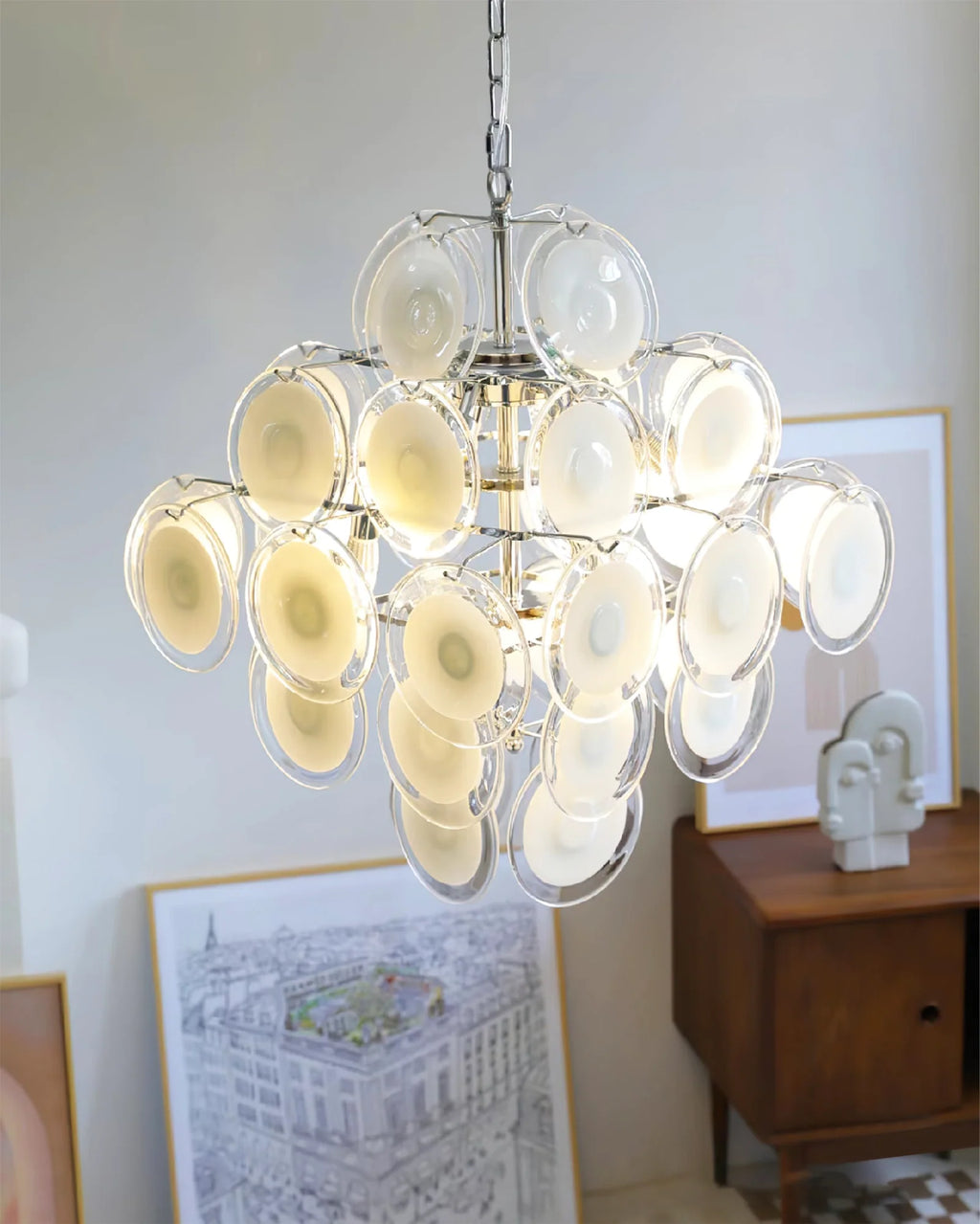 Round White Transparent Glass Disc Chandelier