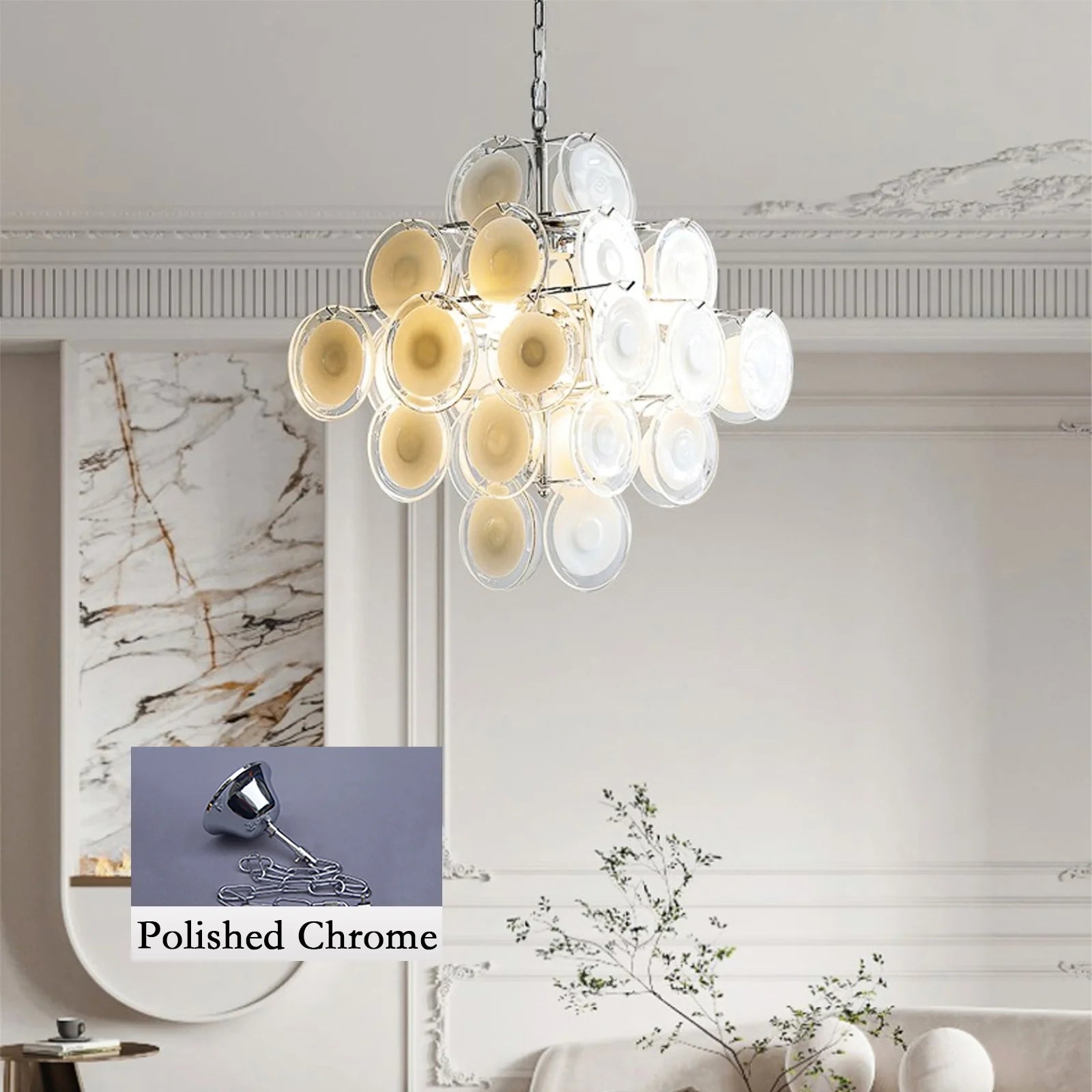 Round White Transparent Glass Disc Chandelier