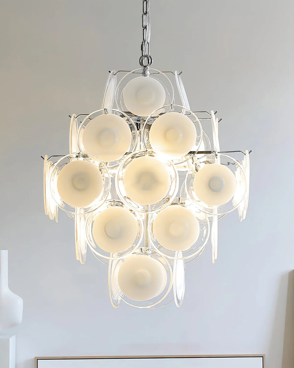 Round White Transparent Glass Disc Chandelier