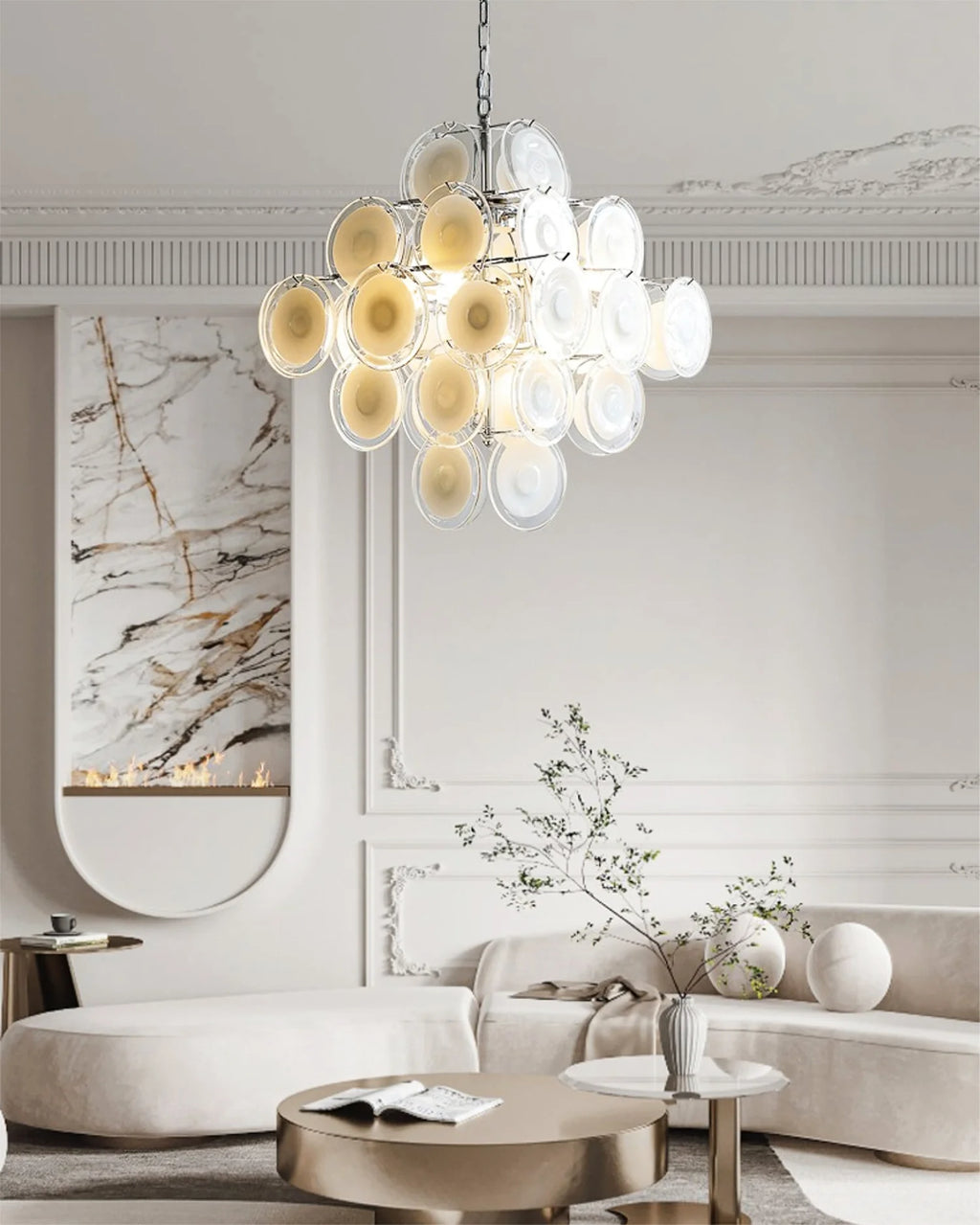 Round White Transparent Glass Disc Chandelier