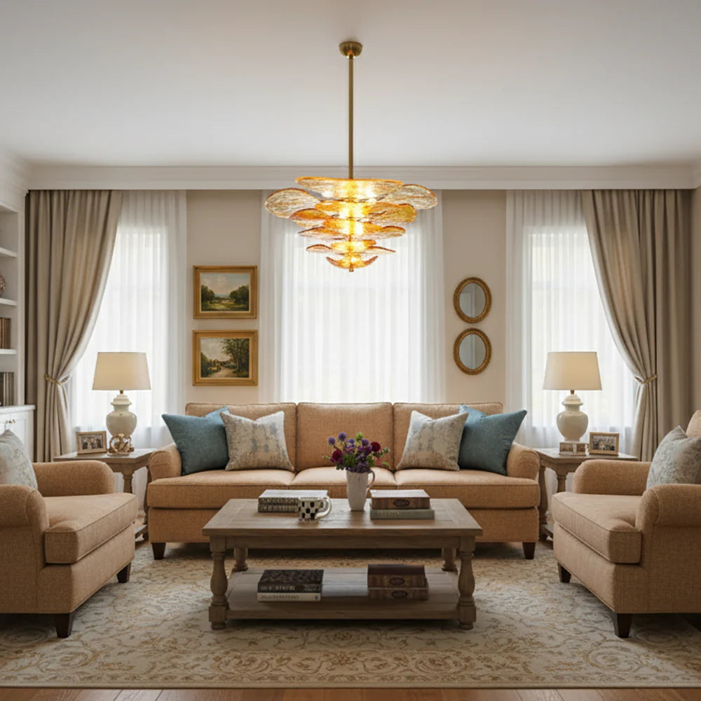 Leaf-Shaped Amber Textured Glass Chandelier