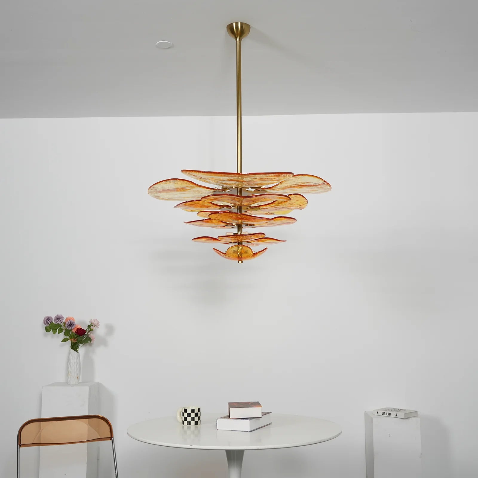 Leaf-Shaped Amber Textured Glass Chandelier