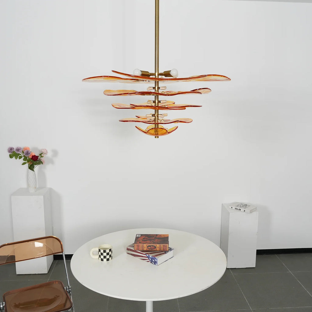 Leaf-Shaped Amber Textured Glass Chandelier