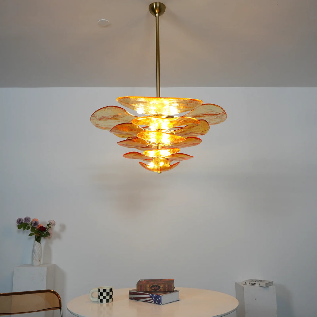 Leaf-Shaped Amber Textured Glass Chandelier