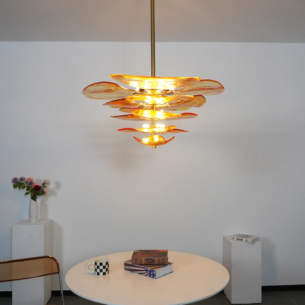 Leaf-Shaped Amber Textured Glass Chandelier
