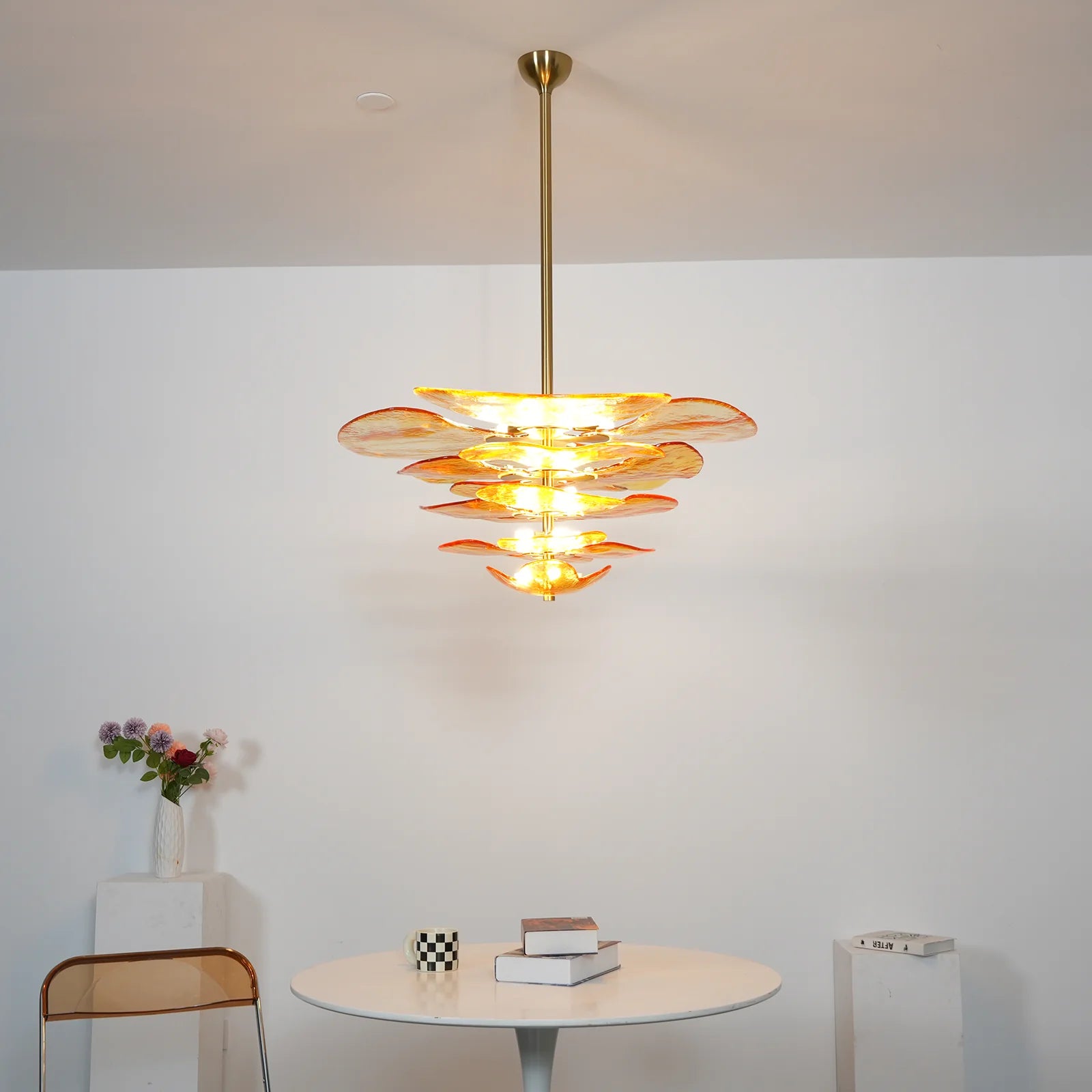 Leaf-Shaped Amber Textured Glass Chandelier