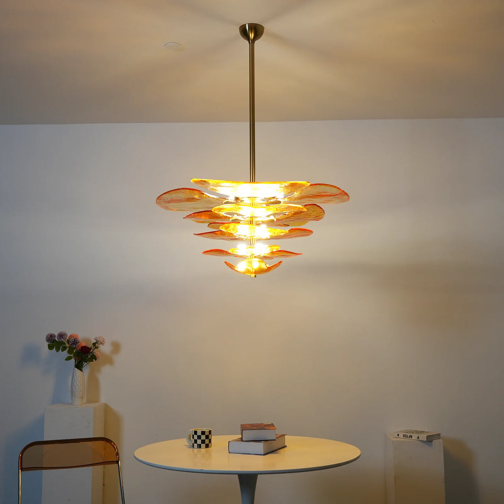 Leaf-Shaped Amber Textured Glass Chandelier
