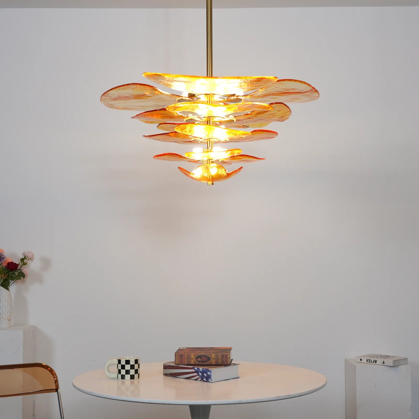 Leaf-Shaped Amber Textured Glass Chandelier