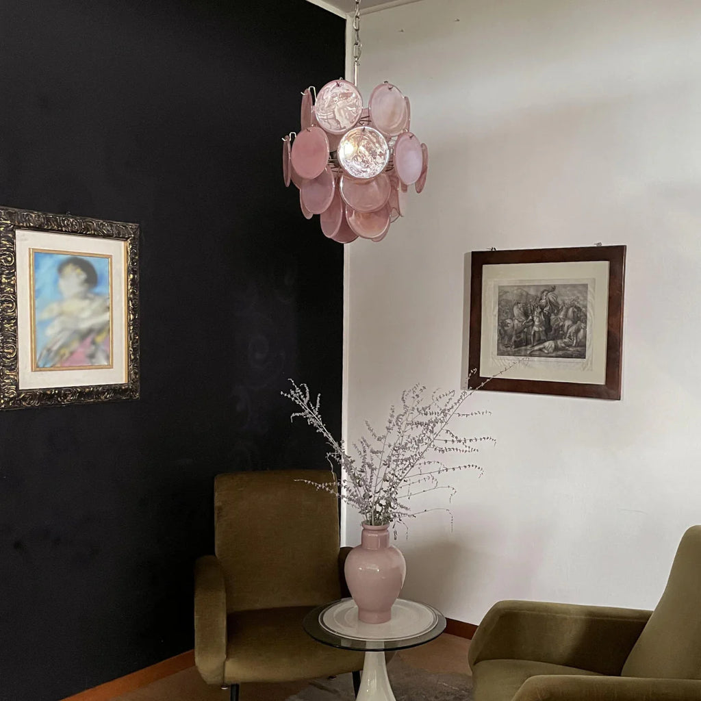 Vintage Murano Pink Glass Disks Chandelier