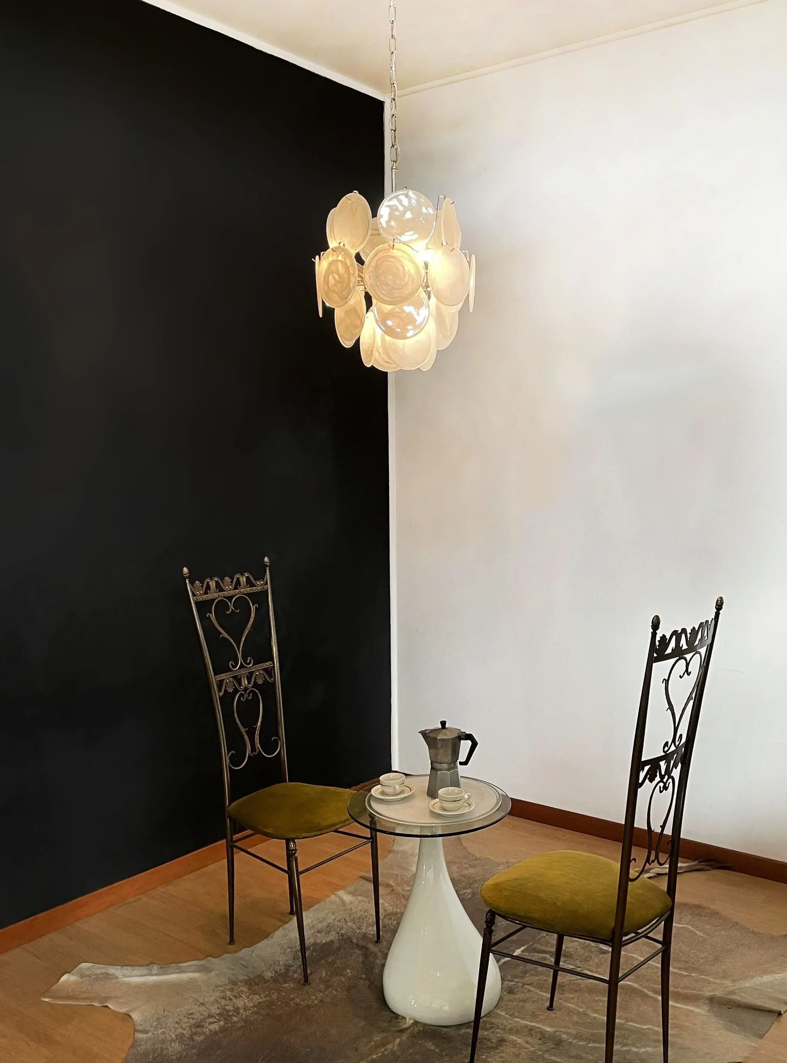 Vintage Murano White Glass Disks Chandelier