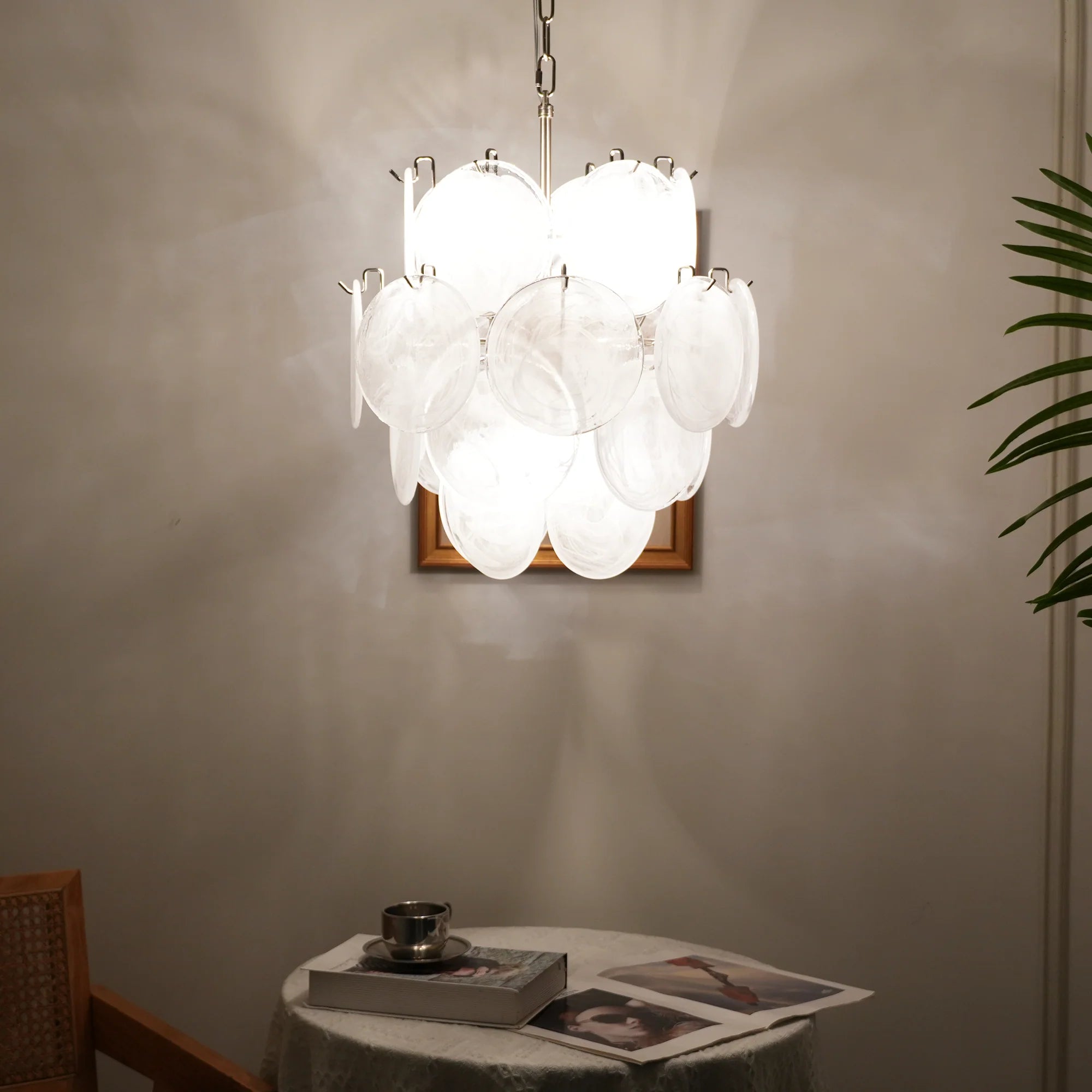 Vintage Murano White Glass Disks Chandelier