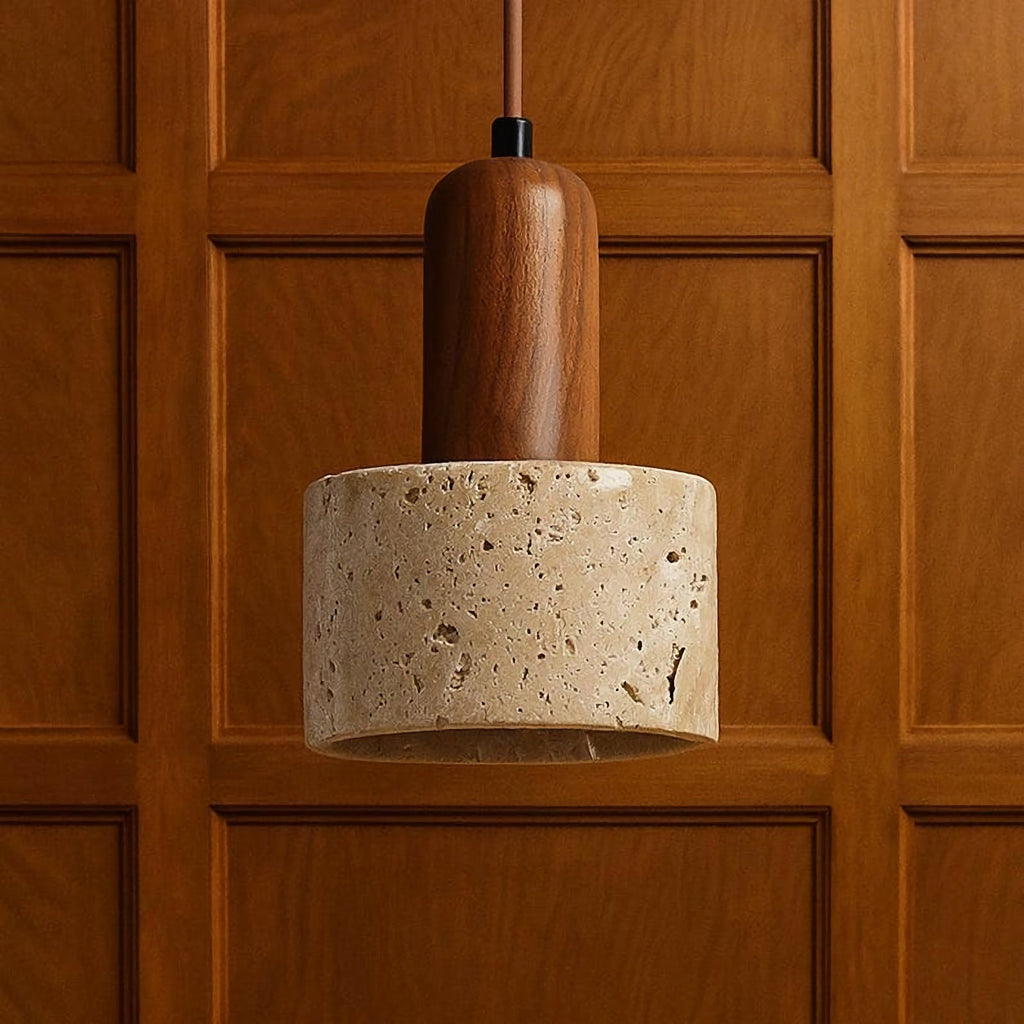 Vintage Round Travertine Wood Pendant Light