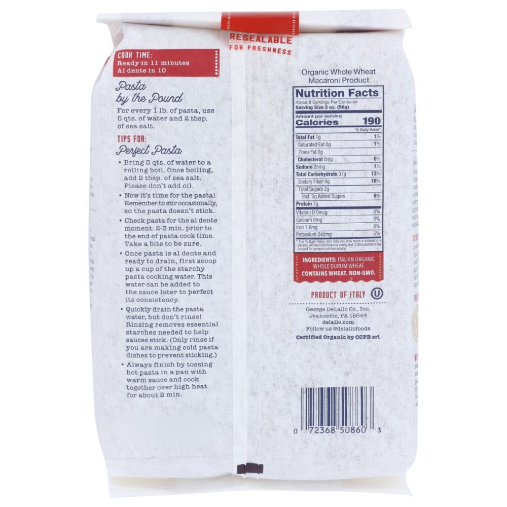 DELALLO: Organic Whole Wheat Pasta Shells, 16 oz