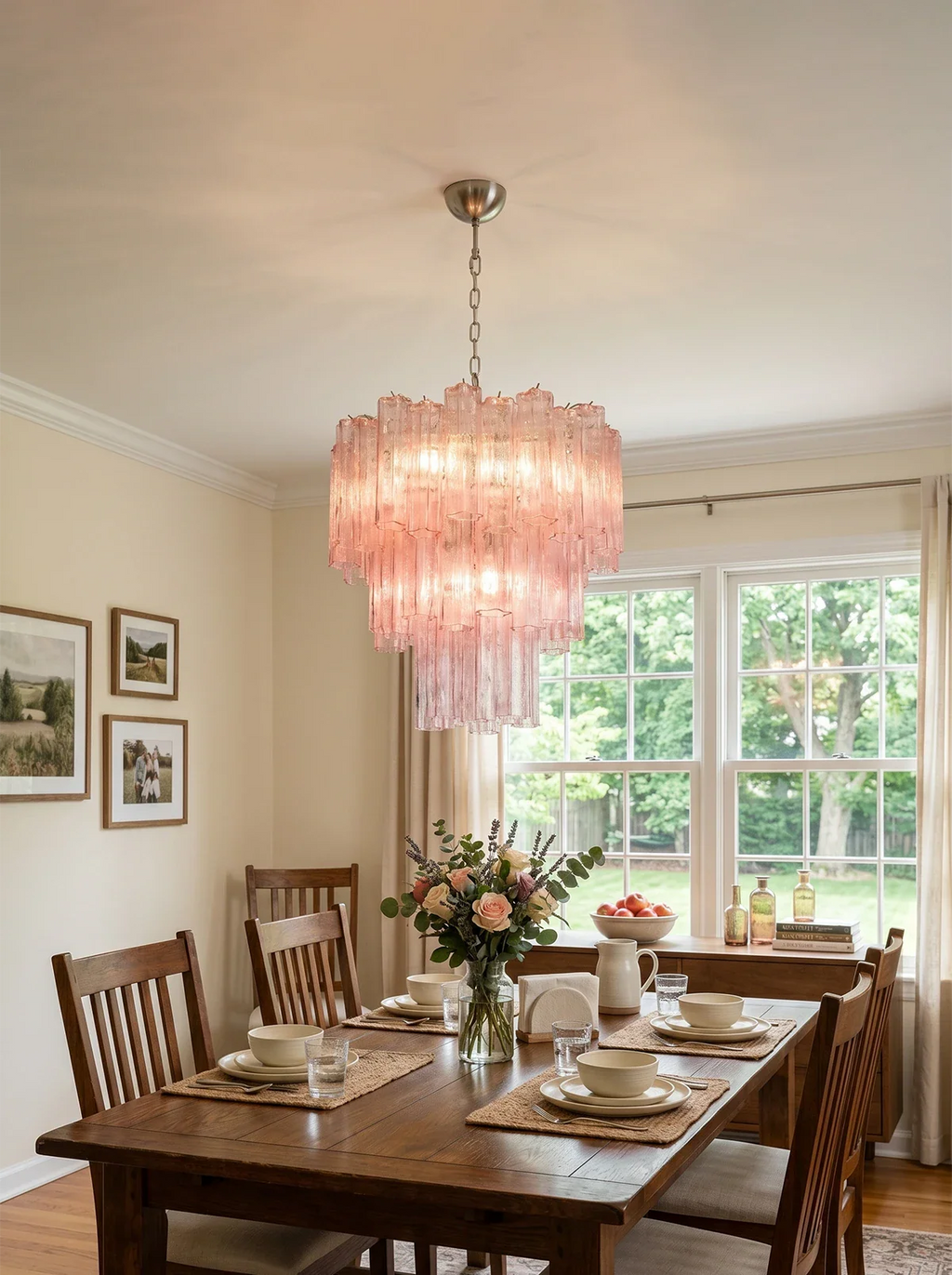 Elegant Pink Murano Glass Tube Chandelier