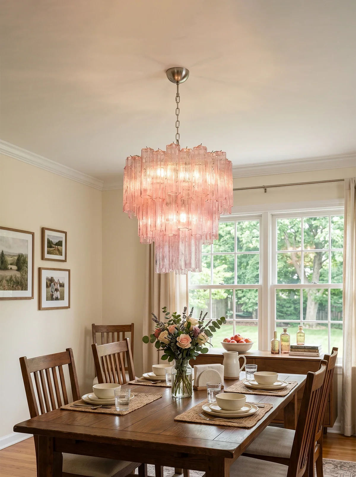 Elegant Pink Murano Glass Tube Chandelier