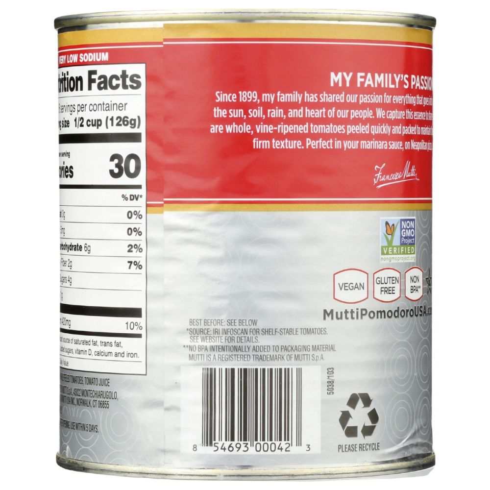 Mutti® Peeled Tomatoes - Whole 28 oz, Fleshy and Firm for Culinary Use