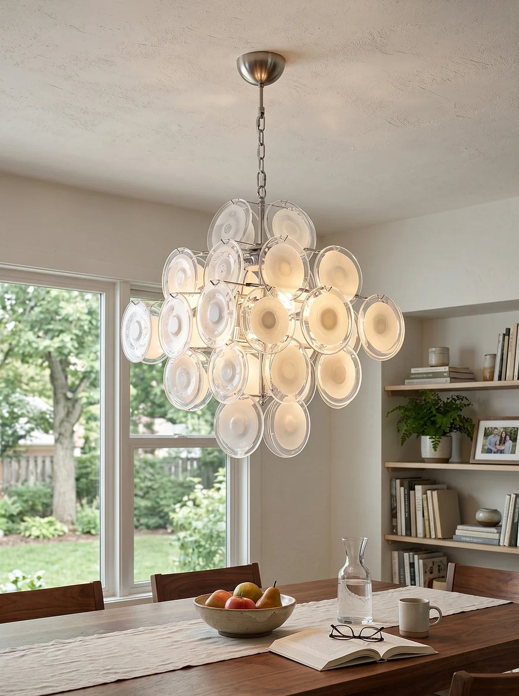 Round White Transparent Glass Disc Chandelier